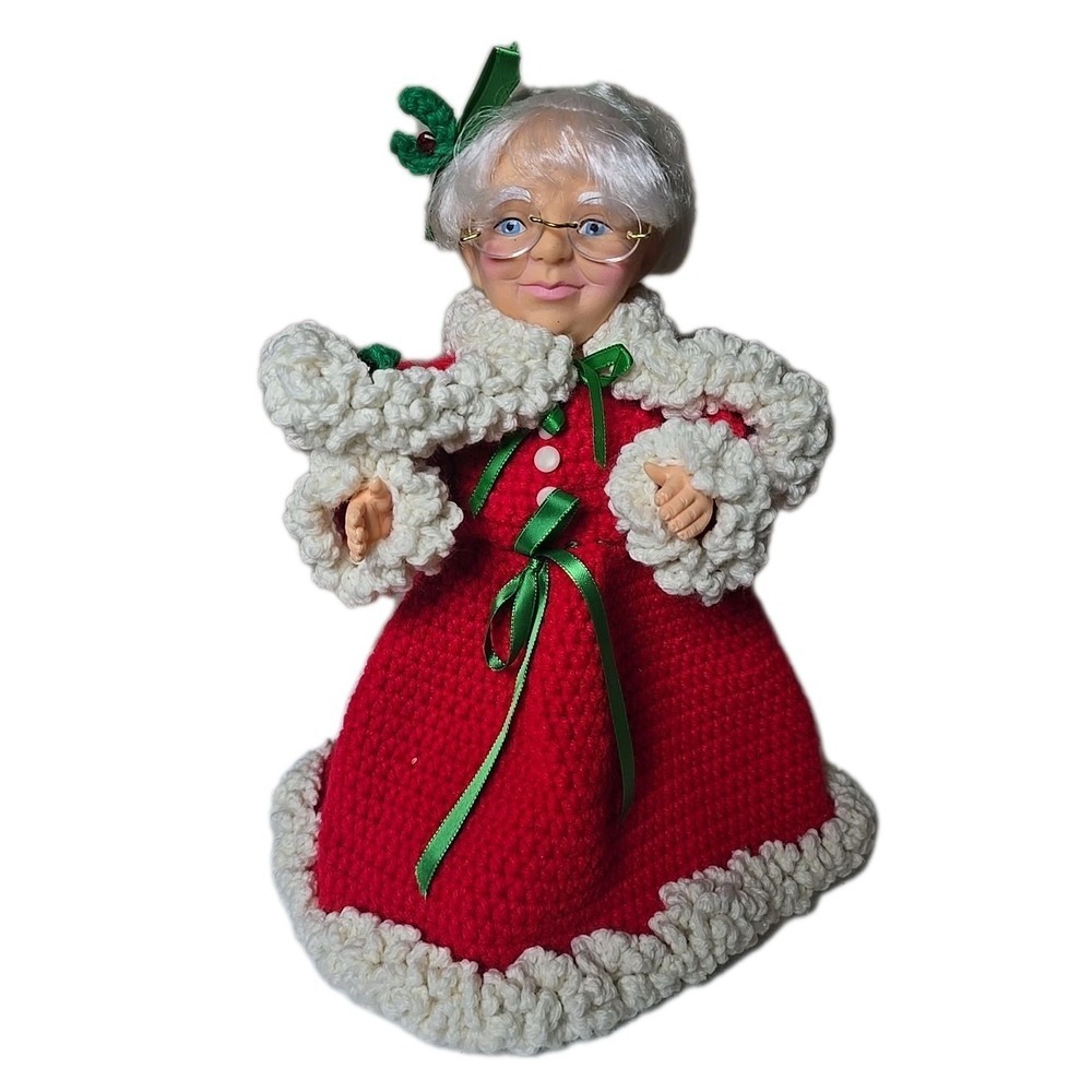 Mrs Claus Christmas Doll Red Knit Dress Holiday Decor Shelf Sitter Vintage Style